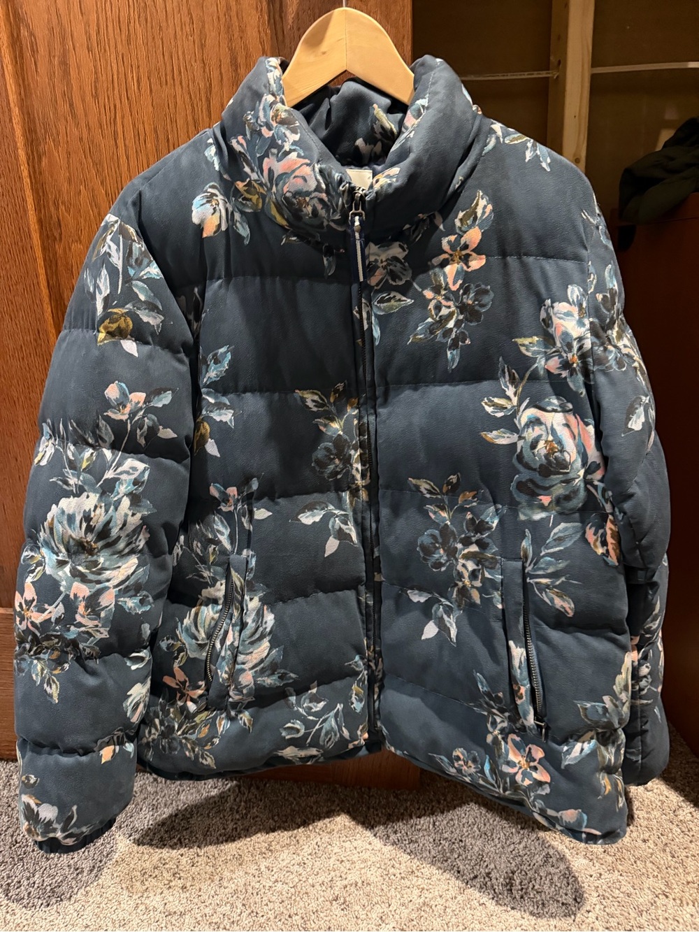 Anthropologie Floral Puffer Jacket in Dark Teal and Blush